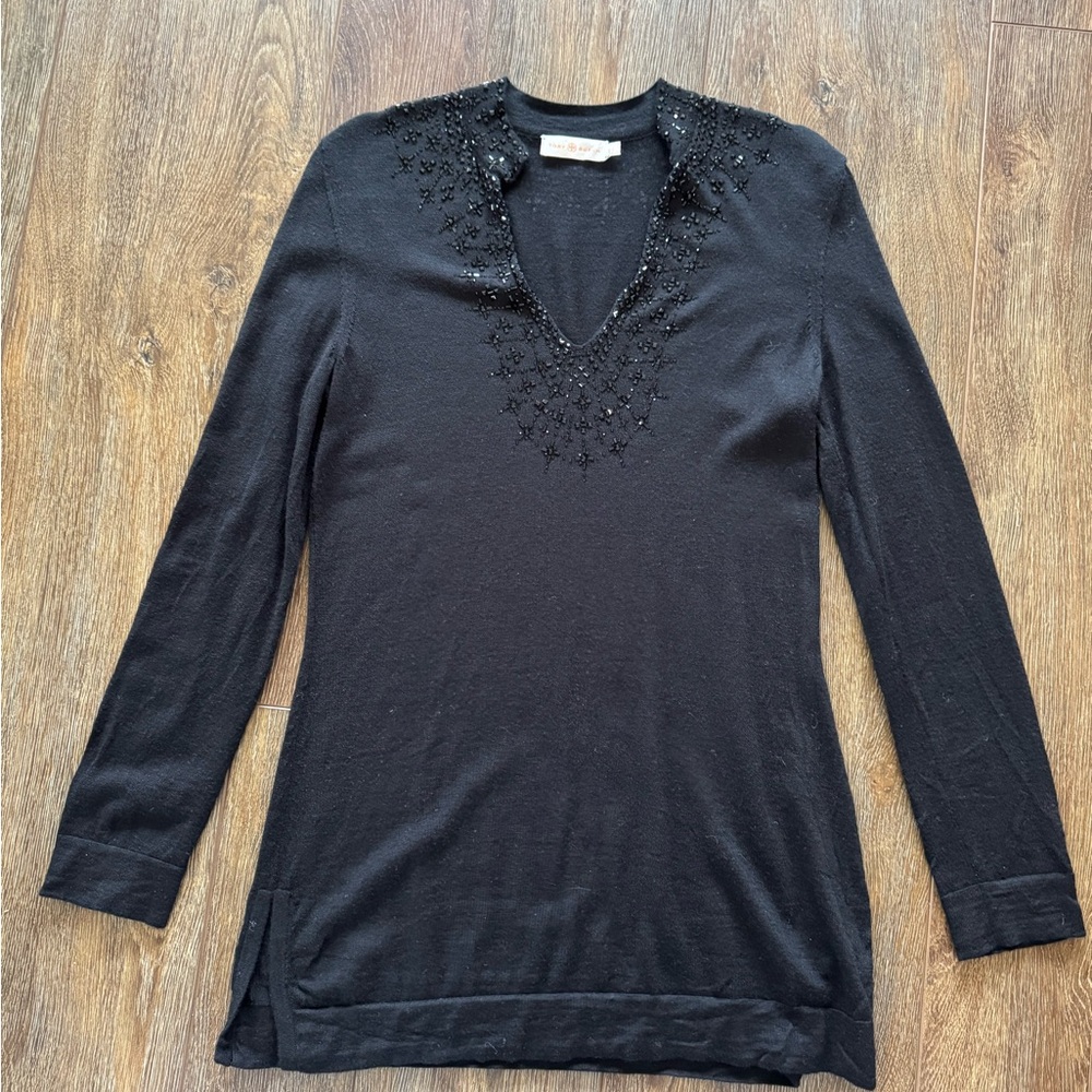 Tory Burch Black Beaded V-Neck Long Sleeve Wool Tunic